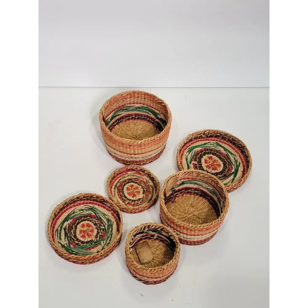 Vintage Set of 3 Chinese Sweetgrass Covered Nesting Baskets Rare